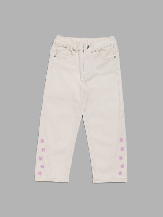 HOP Kids Off White Floral Printed Relaxed - Fit Mid - Rise Denim Jeans