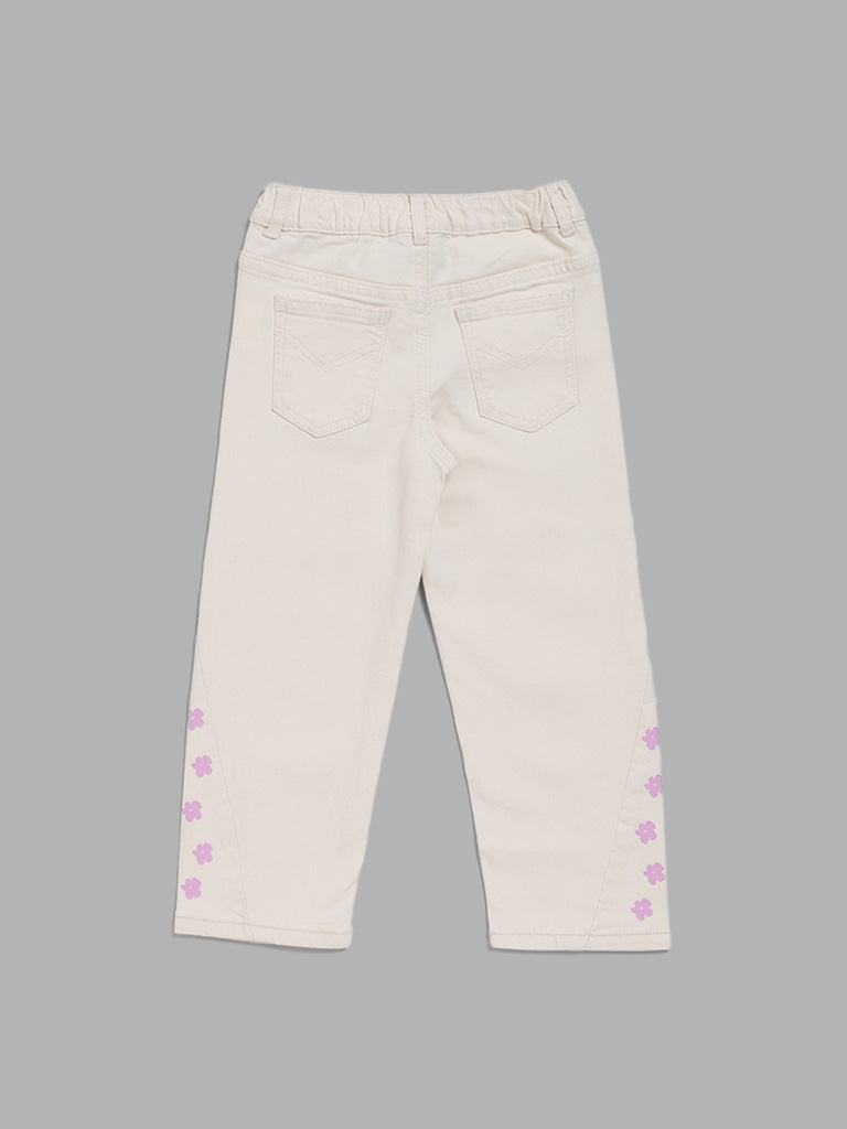 HOP Kids Off White Floral Printed Relaxed - Fit Mid - Rise Denim Jeans