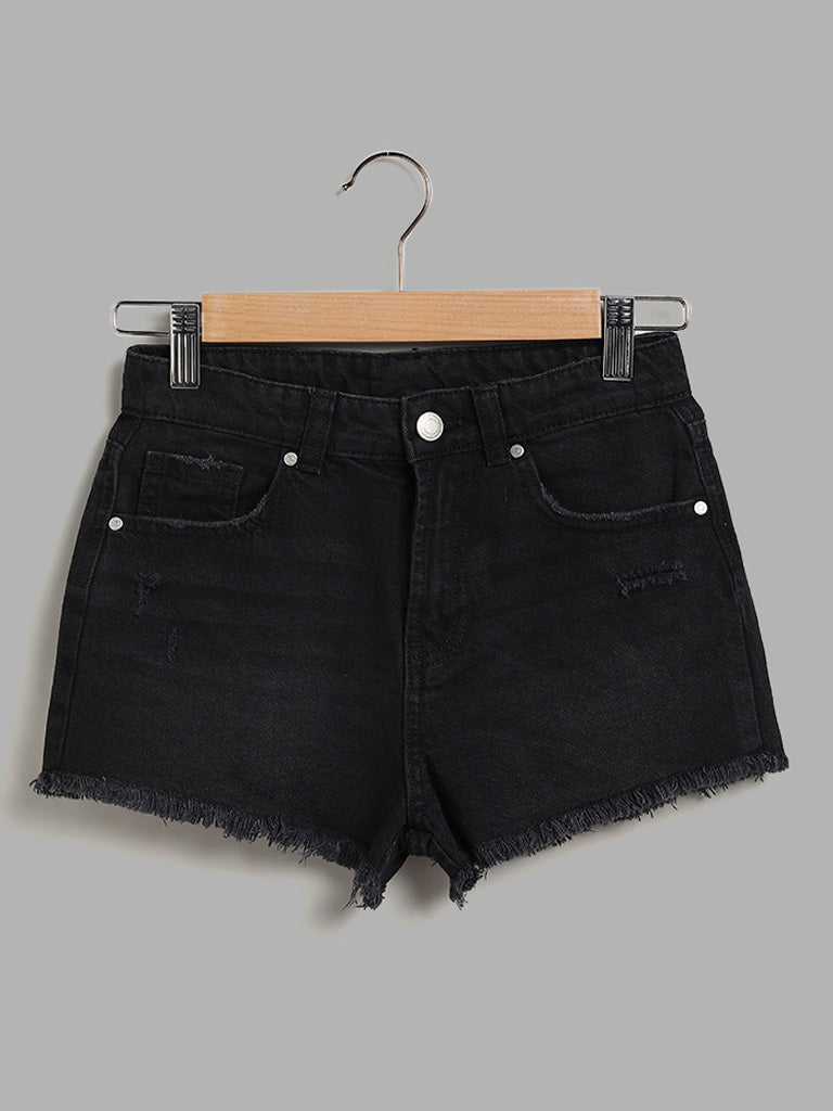 Y&F Kids Solid Black Denim Shorts