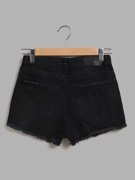 Y&F Kids Solid Black Denim Shorts