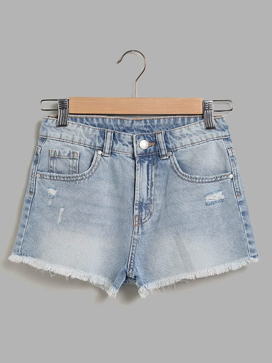 Y&F Kids Solid Light Blue Denim Shorts