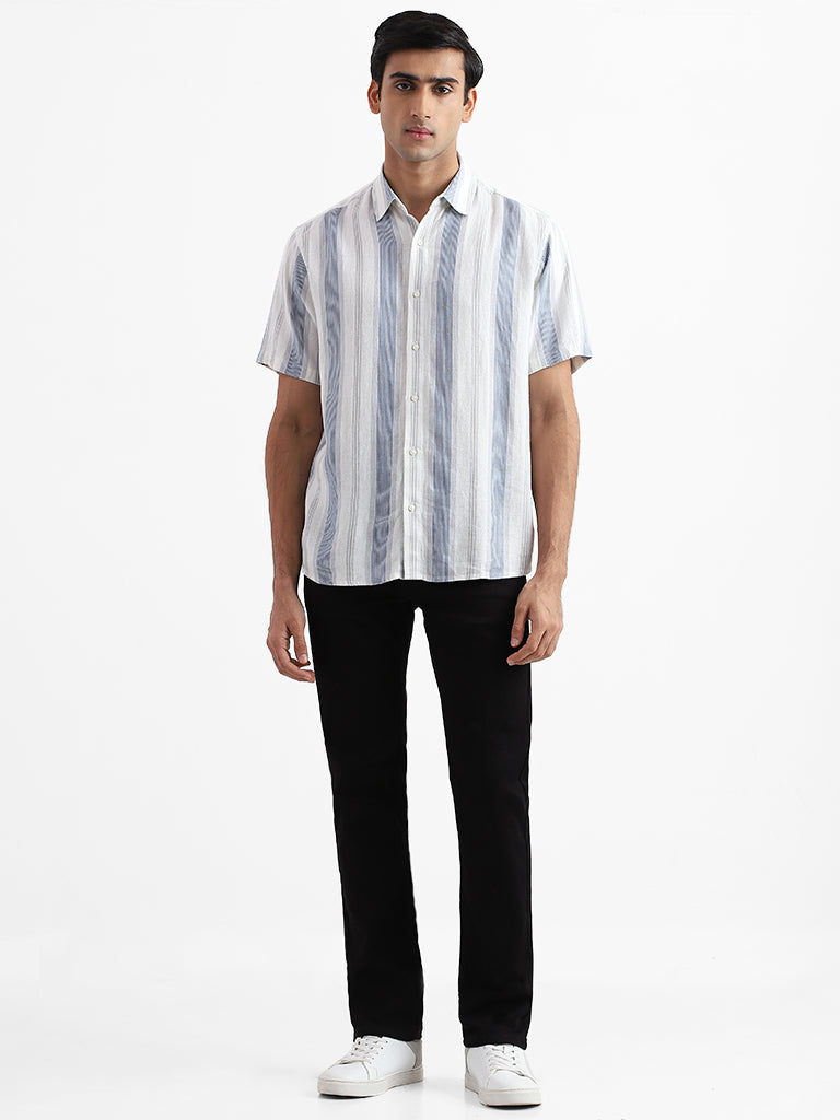 Ascot Block Striped Off White Relaxed-Fit Blended Linen Shirt