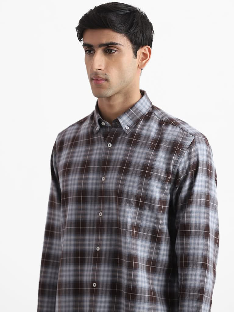 Ascot Ash Blue & Brown Printed Checkered Cotton Relaxed-Fit Shirt