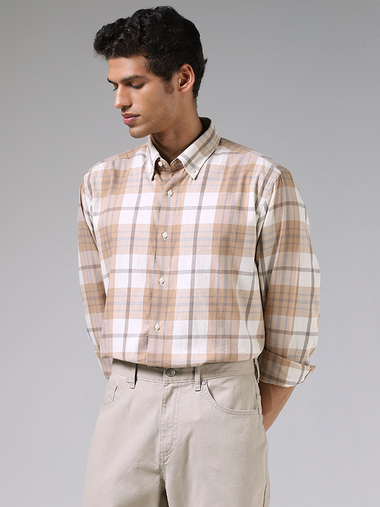 Ascot Beige and White Checkered Cotton Relaxed-Fit Shirt