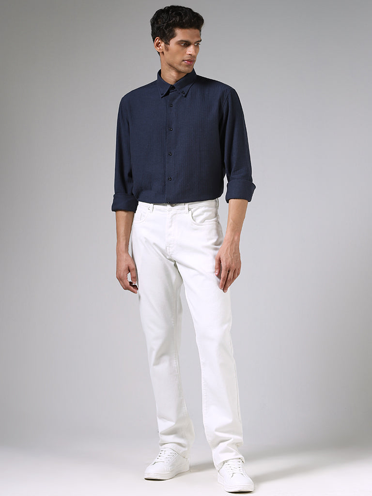 Ascot Mid Blue Textured Cotton Relaxed-Fit Shirt