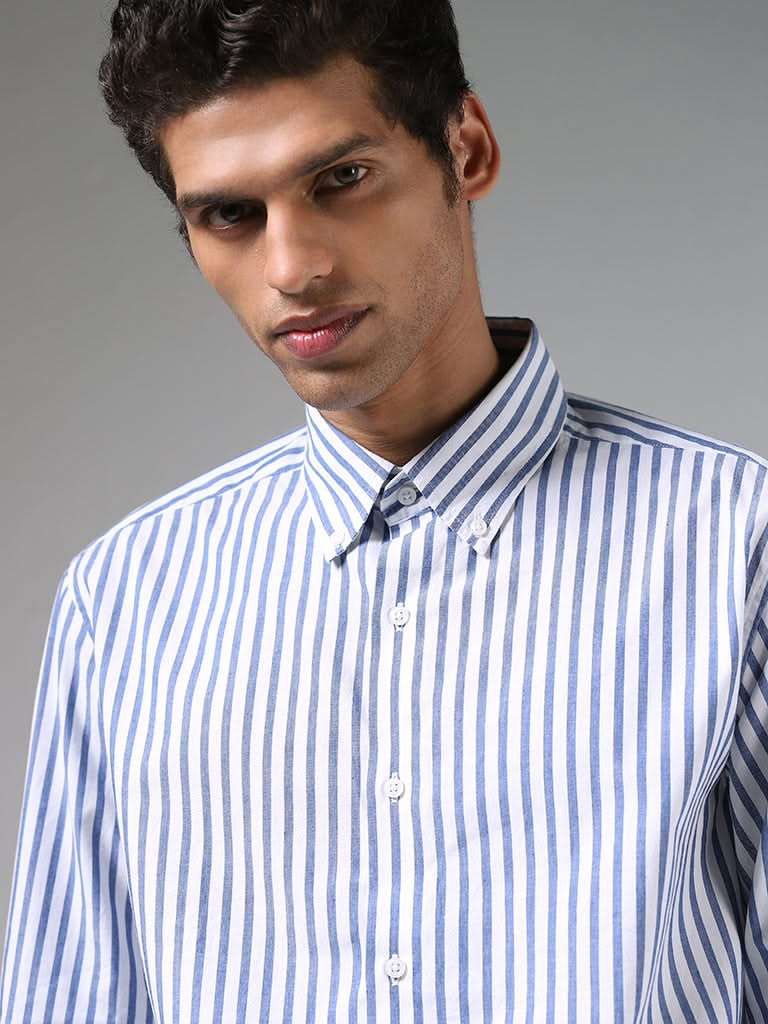 Ascot White and Blue Striped Cotton Relaxed-Fit Shirt