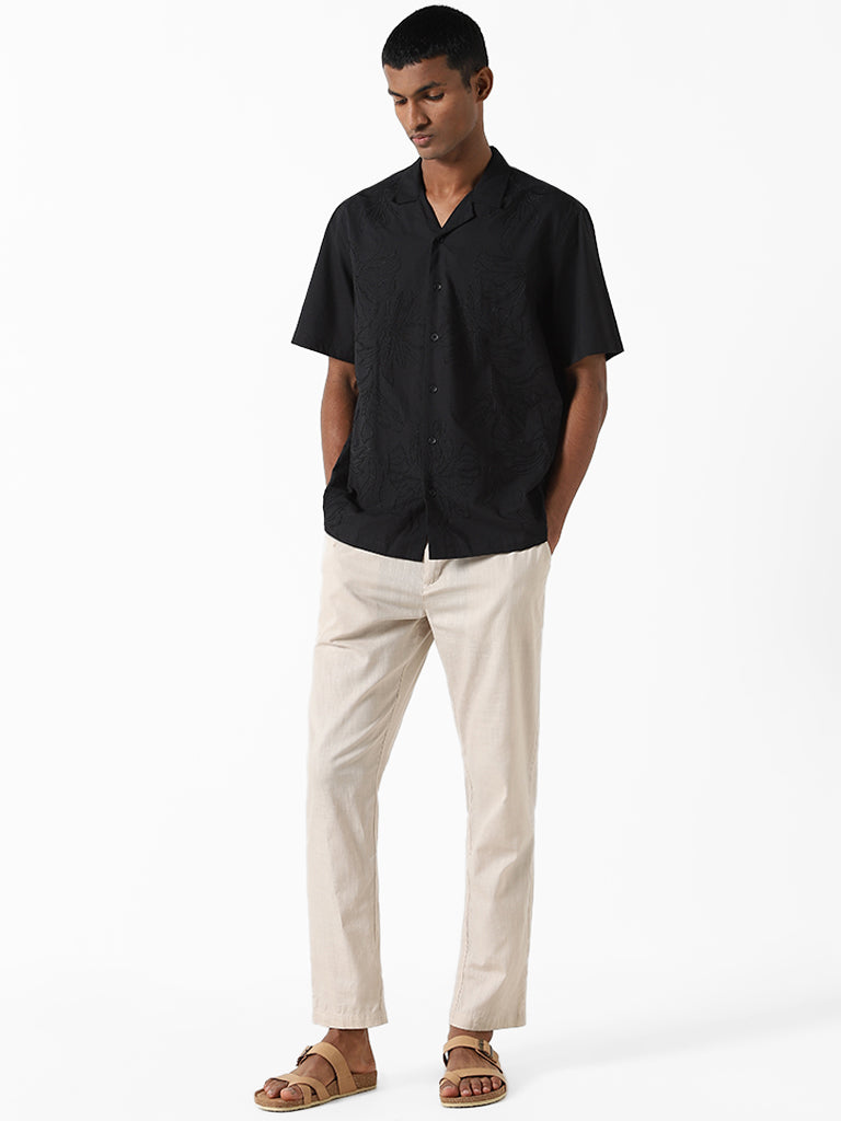 ETA Black Embroidered Cotton Resort-Fit Dobby Shirt