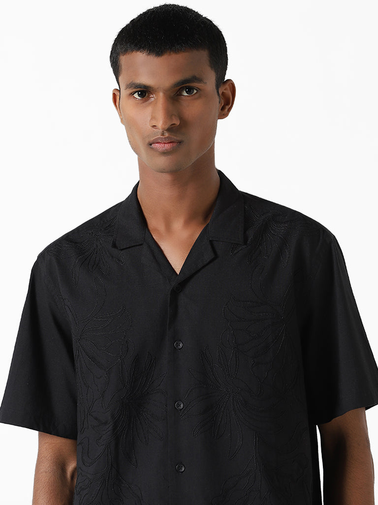 ETA Black Embroidered Cotton Resort-Fit Dobby Shirt