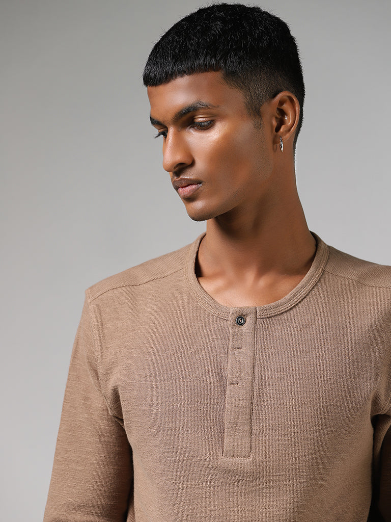 ETA Beige Henley Neckline Slim-Fit T-Shirt