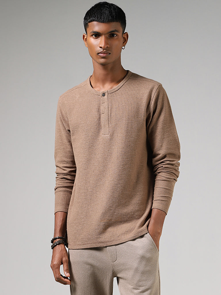 ETA Beige Henley Neckline Slim-Fit T-Shirt