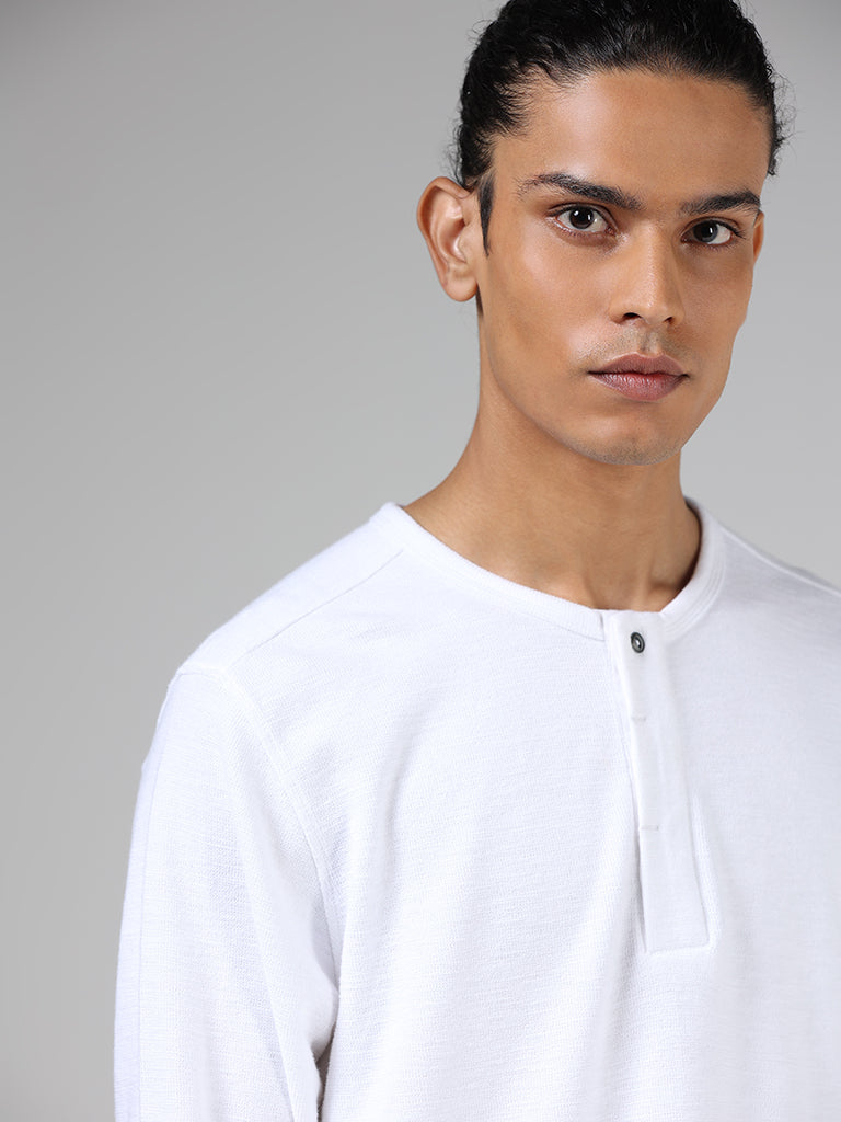 ETA White Henley Neckline Cotton Slim-Fit T-Shirt