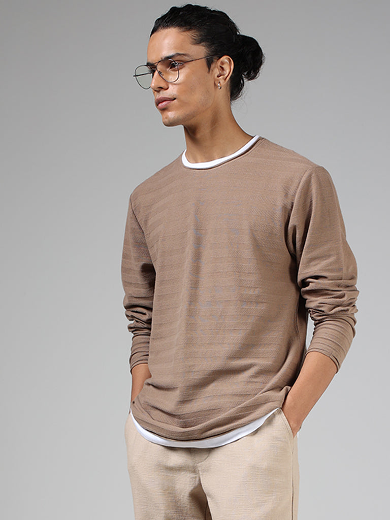 ETA Beige Stripe-Textured Cotton Slim-Fit T-Shirt