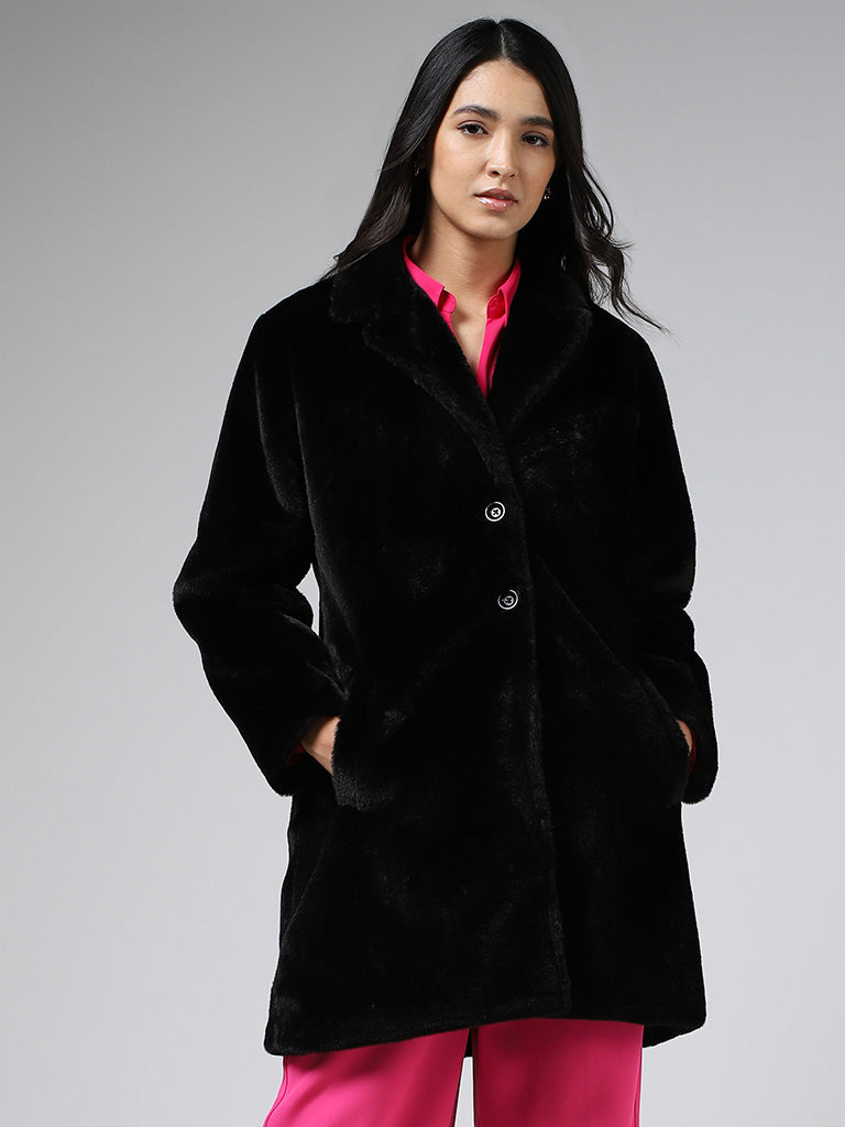 Wardrobe Solid Black Fur Coat