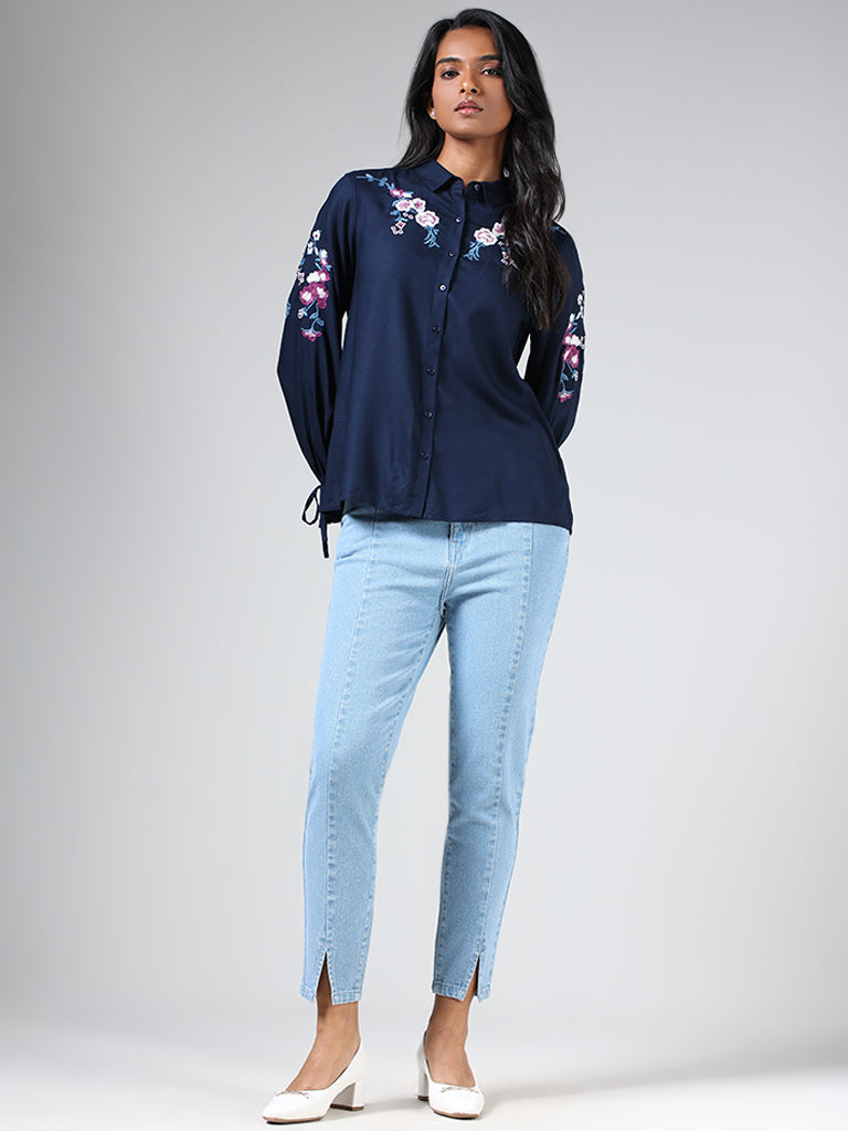 LOV Navy Blue Floral Embroidered Shirt