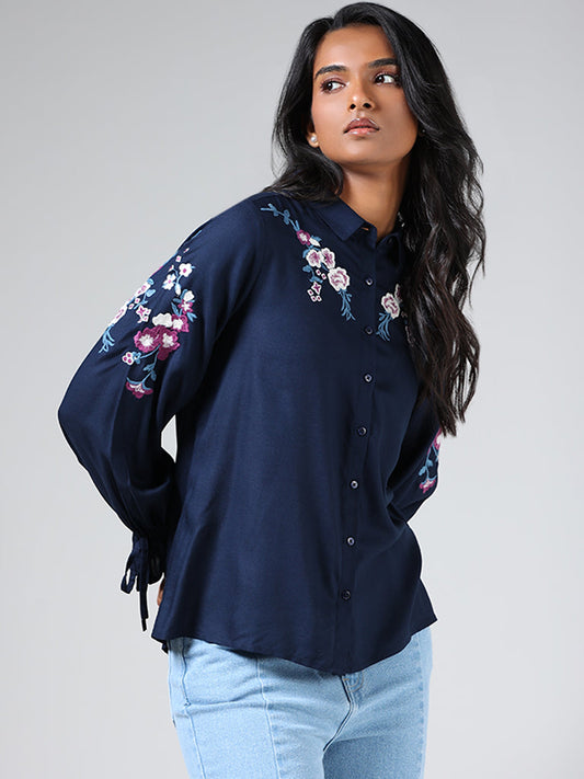 LOV Navy Blue Floral Embroidered Shirt