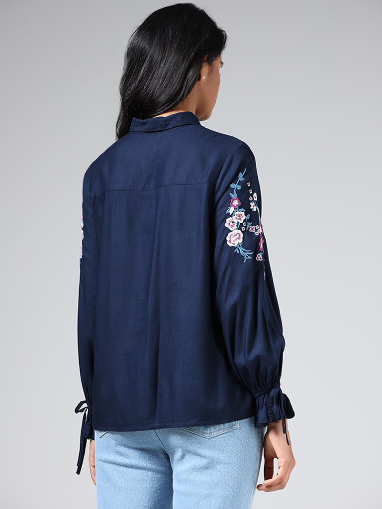 LOV Navy Blue Floral Embroidered Shirt