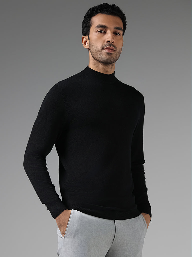 WES Formals Solid Black Slim-Fit High Neck Sweater