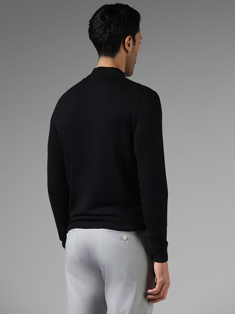 WES Formals Solid Black Slim-Fit High Neck Sweater