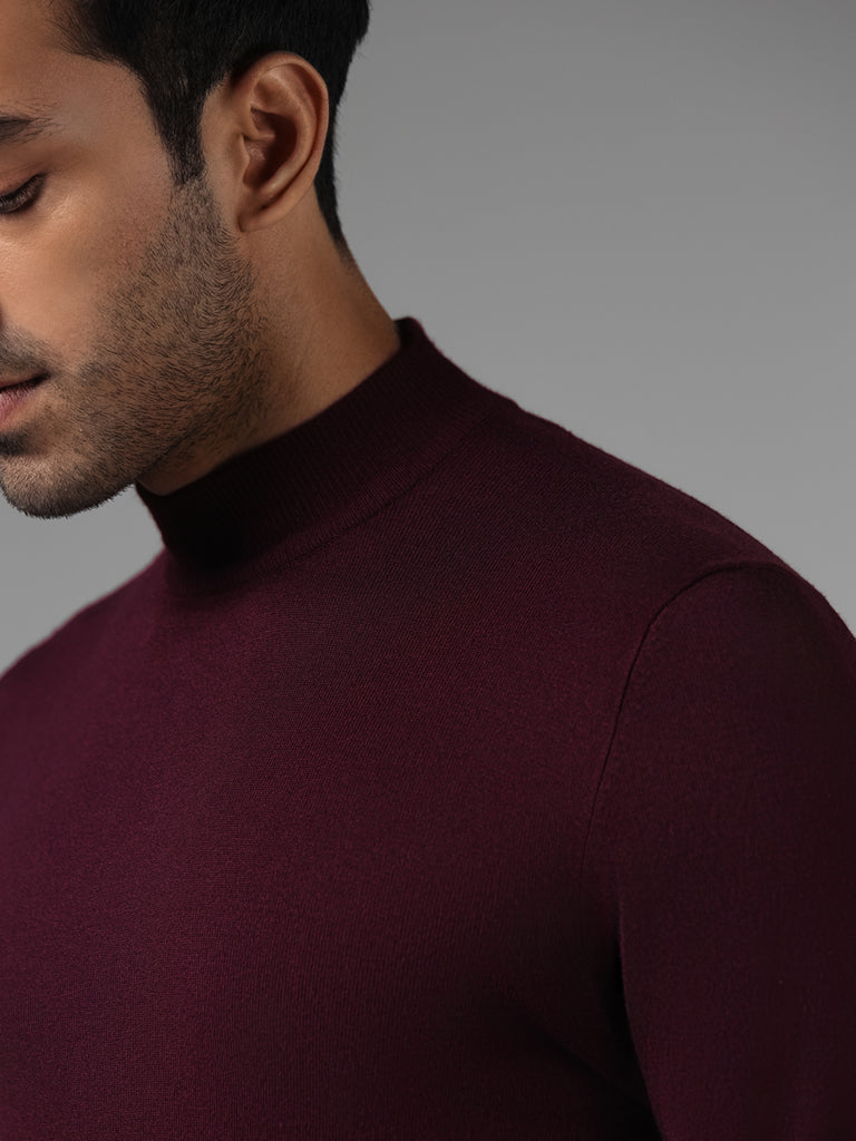 WES Formals Solid Dark Wine Slim-Fit High Neck Sweater