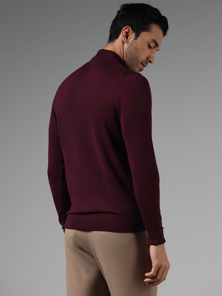 WES Formals Solid Dark Wine Slim-Fit High Neck Sweater