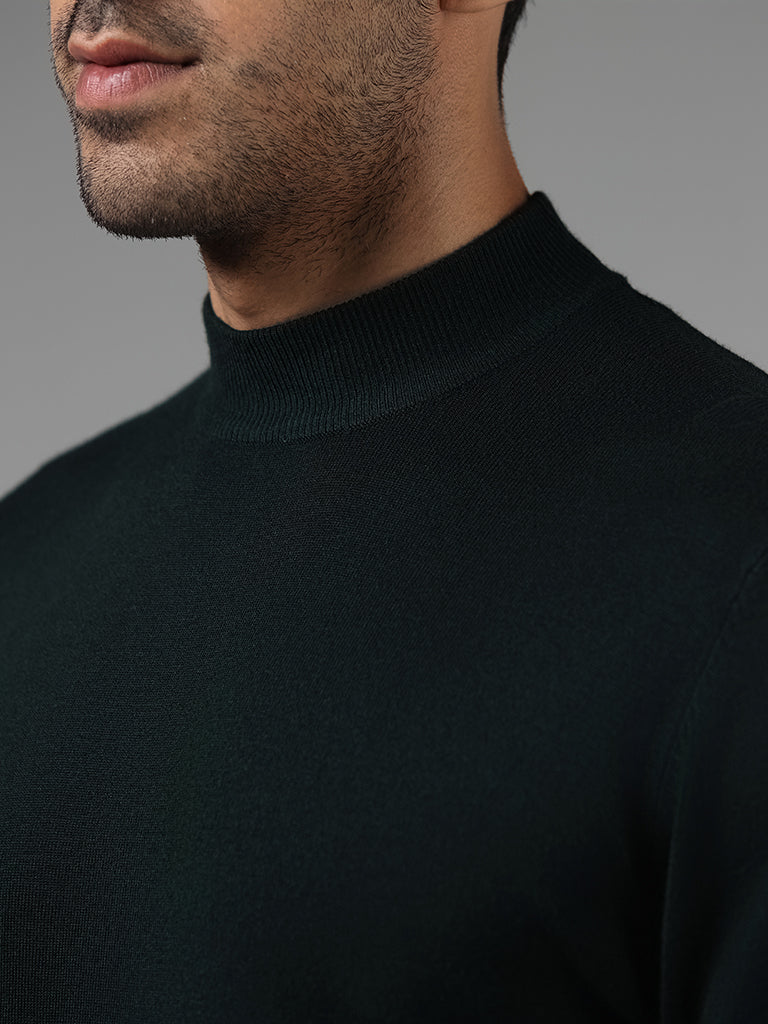 WES Formals Solid Green Slim-Fit High Neck Sweater