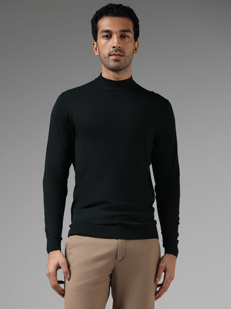 WES Formals Solid Green Slim-Fit High Neck Sweater