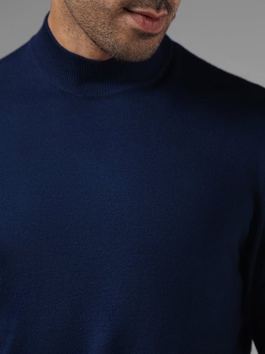 WES Formals Solid Indigo Slim-Fit High Neck Sweater