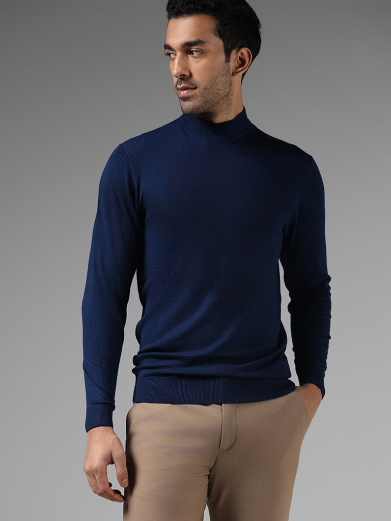 WES Formals Solid Indigo Slim-Fit High Neck Sweater