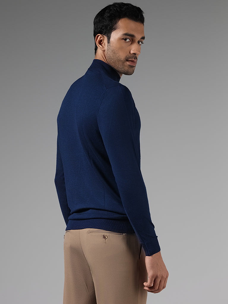 WES Formals Solid Indigo Slim-Fit High Neck Sweater