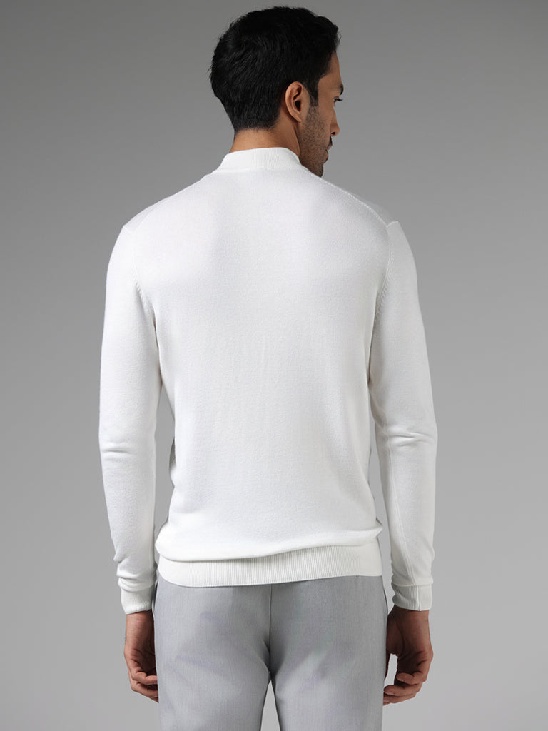 WES Formals Solid Off White Slim-Fit High Neck Sweater