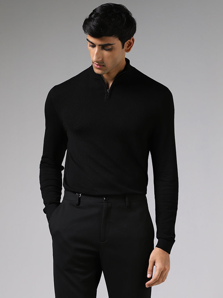 WES Formals Black Slim-Fit High-Top Zipper Sweater