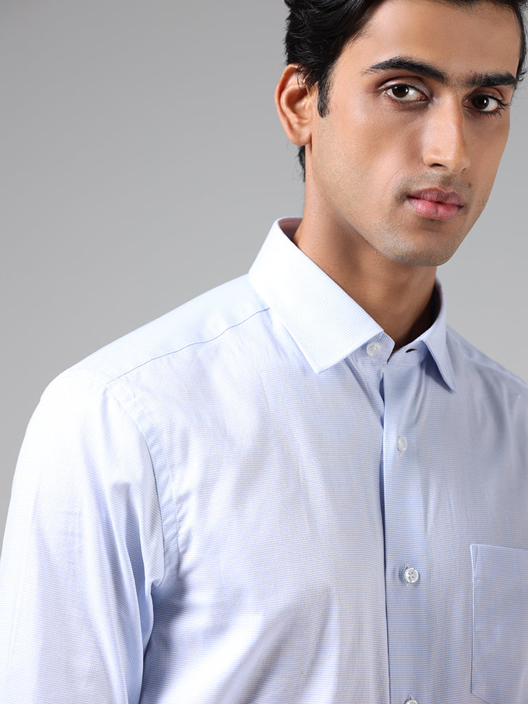 WES Formals Blue Cotton Relaxed-Fit Dobby Shirt