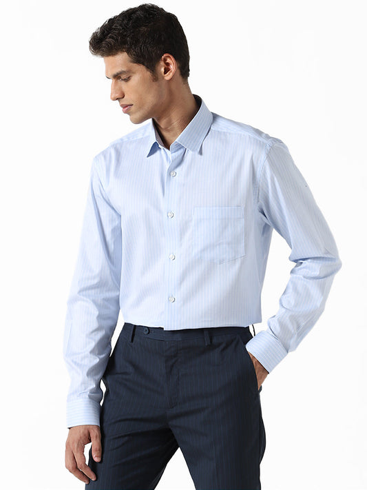 WES Formals Striped Blue Cotton Relaxed-Fit Shirt