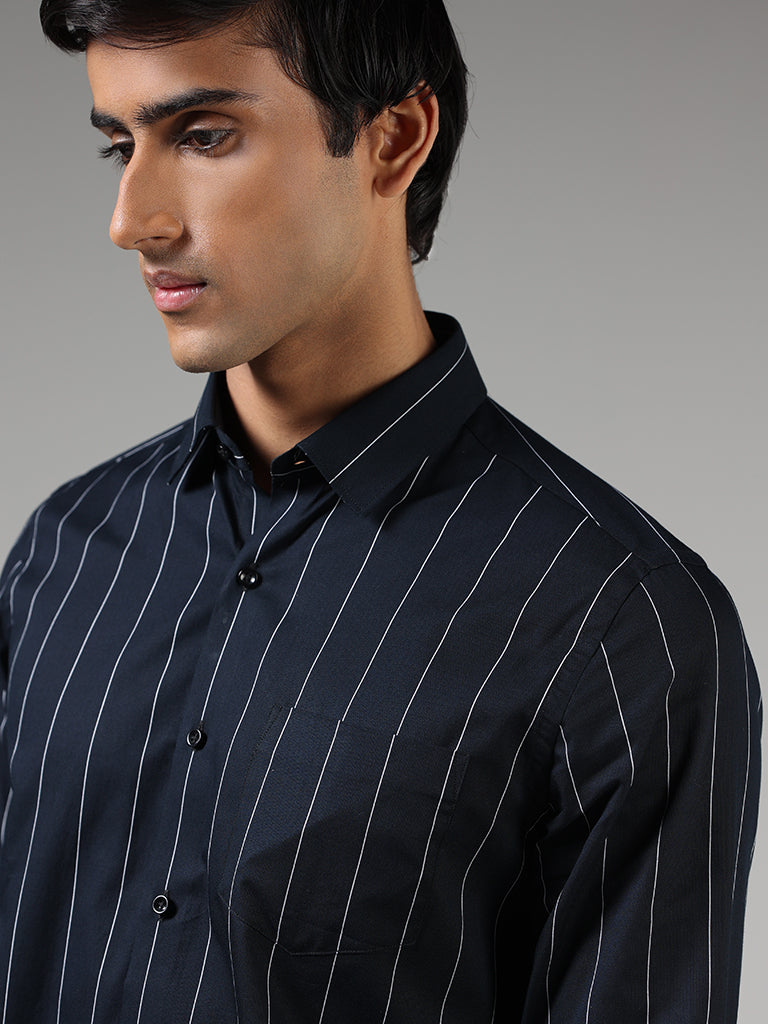 WES Formals Navy Striped Cotton Slim-Fit Shirt