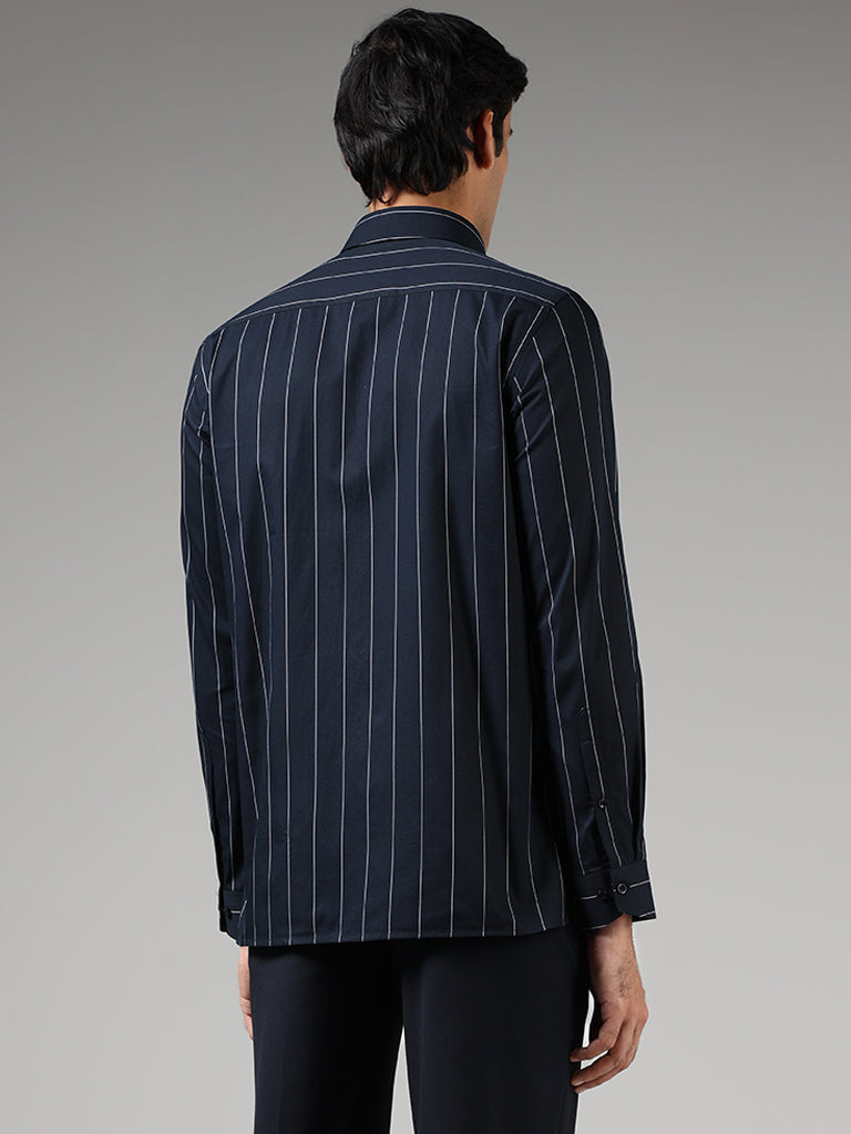 WES Formals Navy Striped Cotton Slim-Fit Shirt