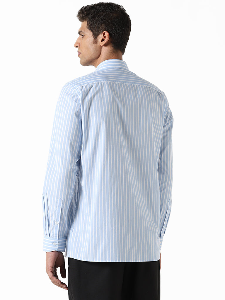 WES Formals Striped Blue Cotton Slim-Fit Shirt