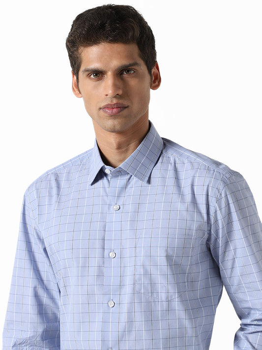 WES Formals Checked Blue Cotton Relaxed-Fit Shirt