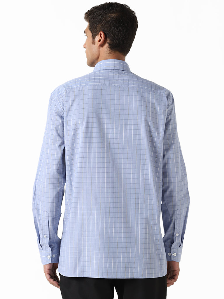 WES Formals Checked Blue Cotton Relaxed-Fit Shirt