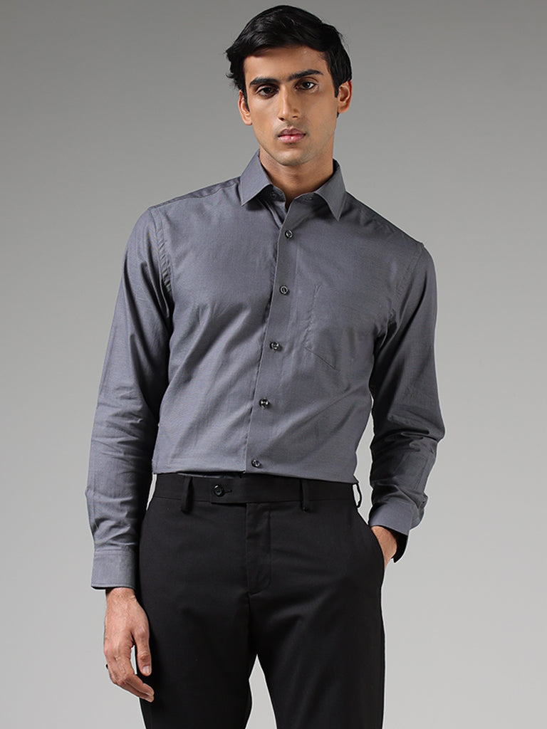 WES Formals Solid Grey Relaxed-Fit Dobby Shirt