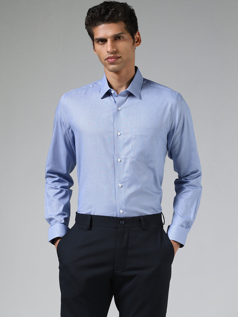 WES Formals Light Blue Dobby Cotton Slim-Fit Shirt