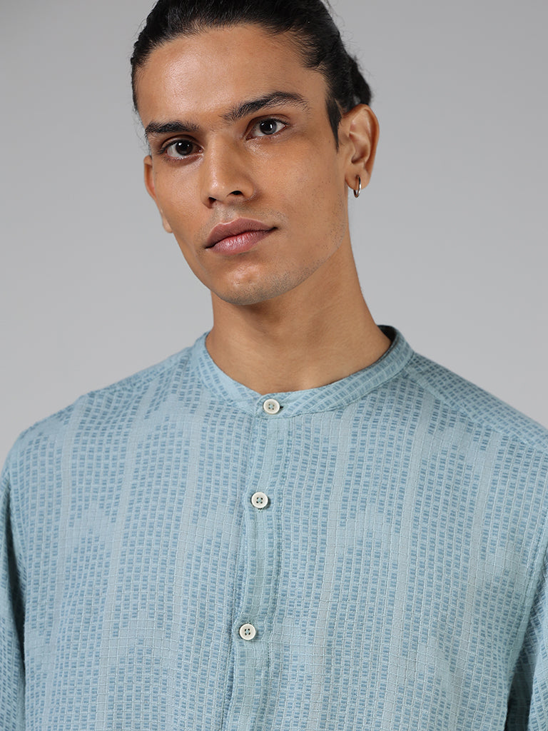 ETA Teal Blue Textured Cotton Blend Resort-Fit Shirt