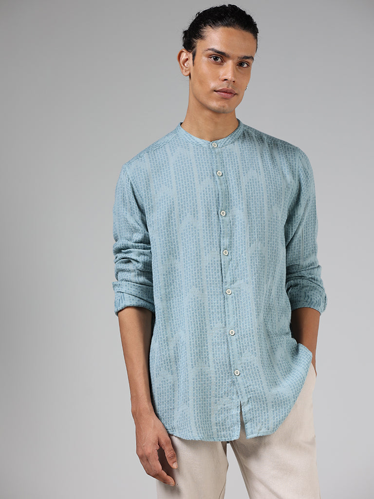 ETA Teal Blue Textured Cotton Blend Resort-Fit Shirt