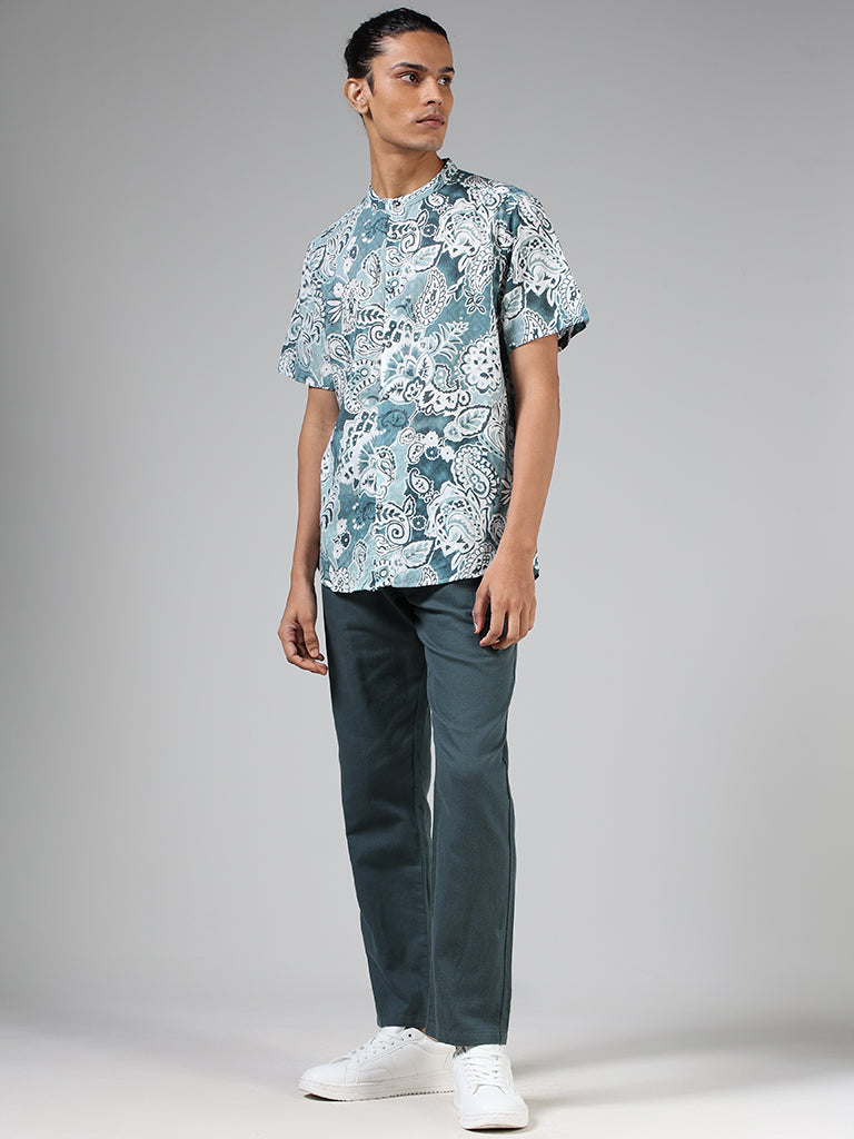 ETA Teal Blue Paisley Floral Printed Cotton Relaxed-Fit Shirt