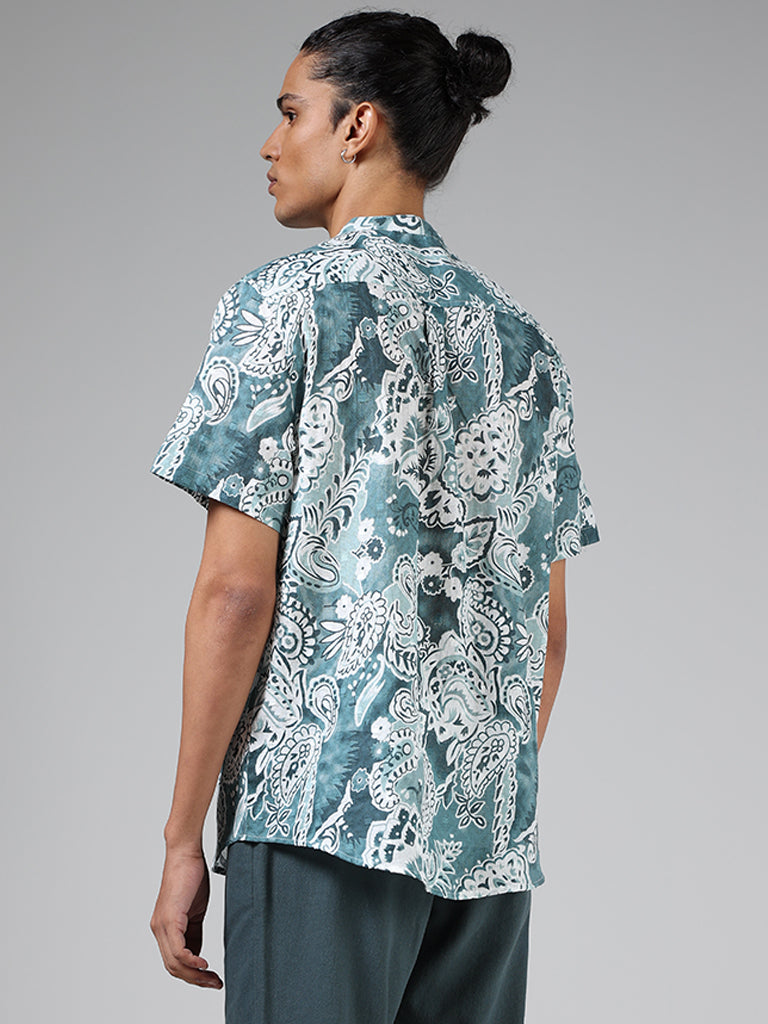 ETA Teal Blue Paisley Floral Printed Cotton Relaxed-Fit Shirt