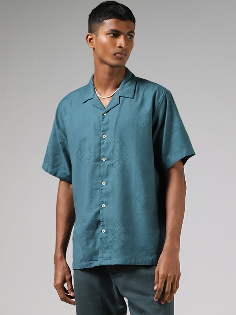 ETA Teal Geometric Pattern Resort-Fit Shirt