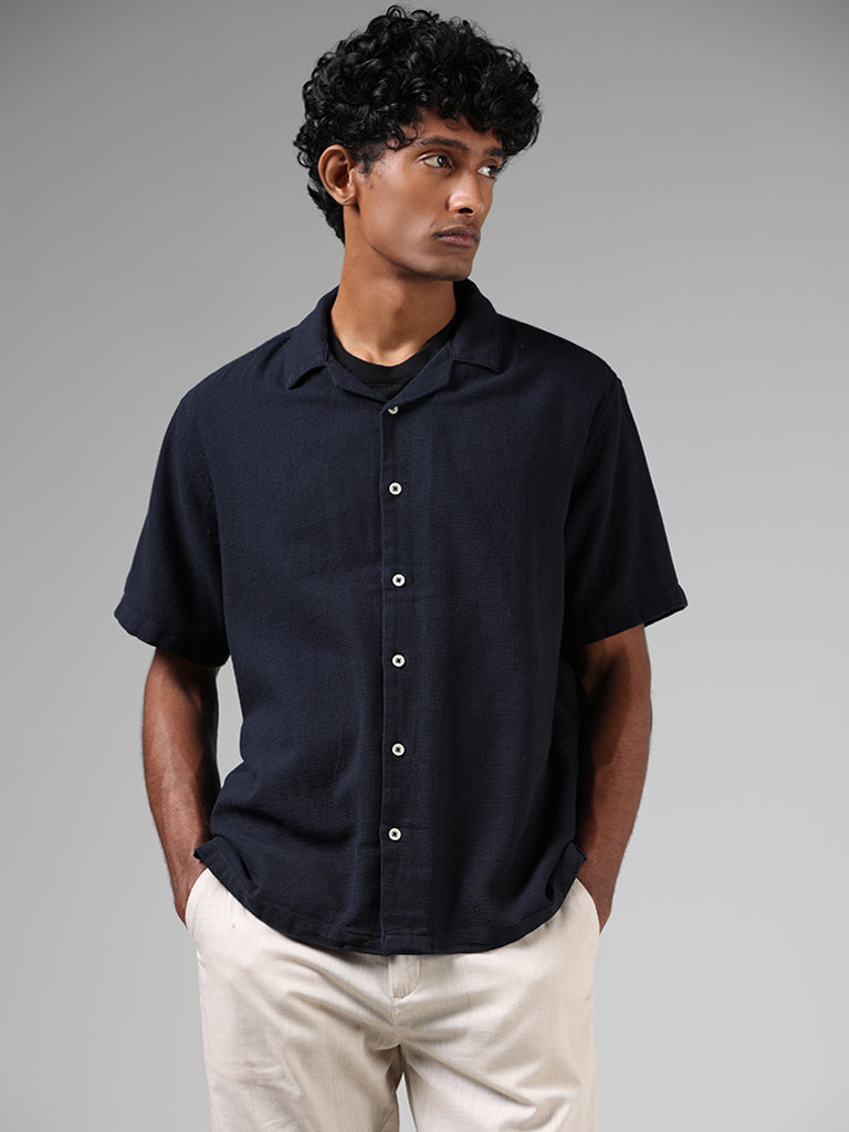 ETA Dark Indigo Self-Textured Cotton Resort-Fit Shirt