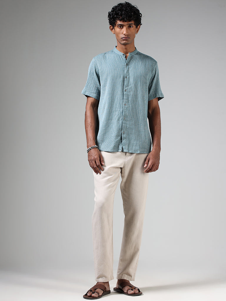 ETA Teal Blue Striped Cotton Resort-Fit Shirt