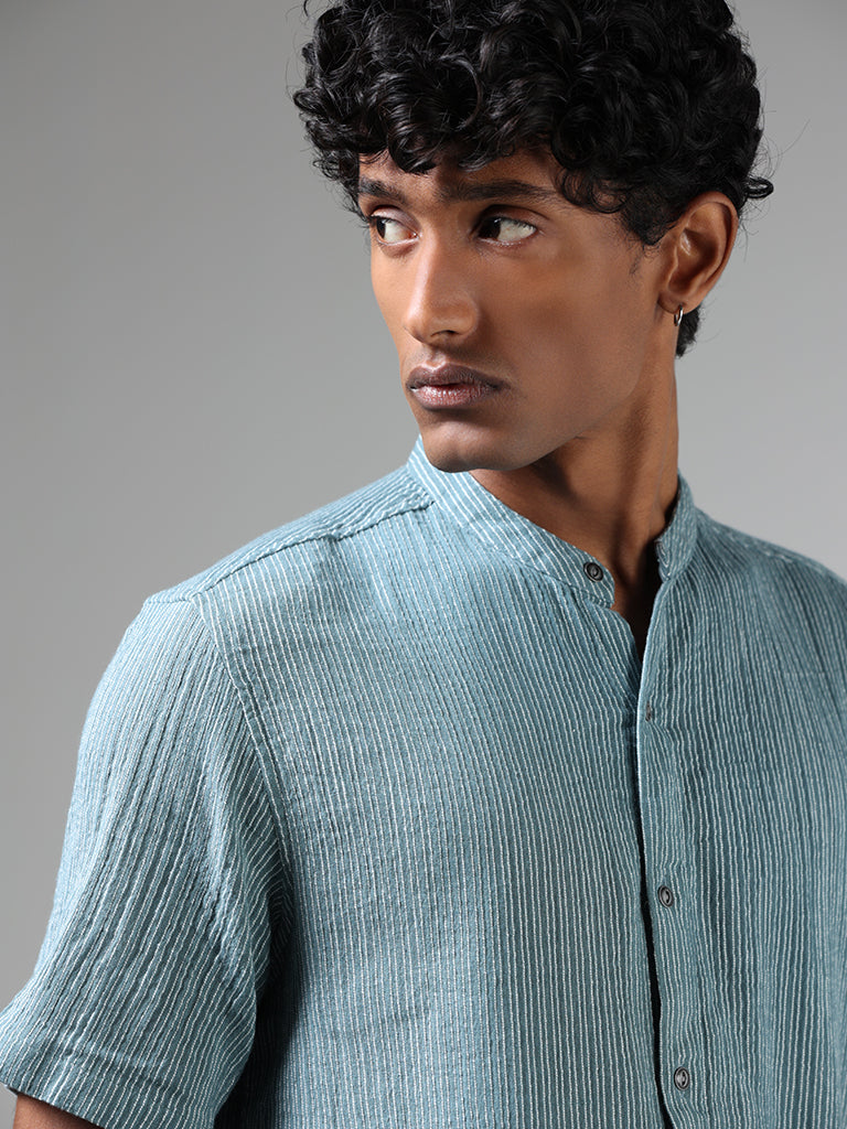 ETA Teal Blue Striped Cotton Resort-Fit Shirt