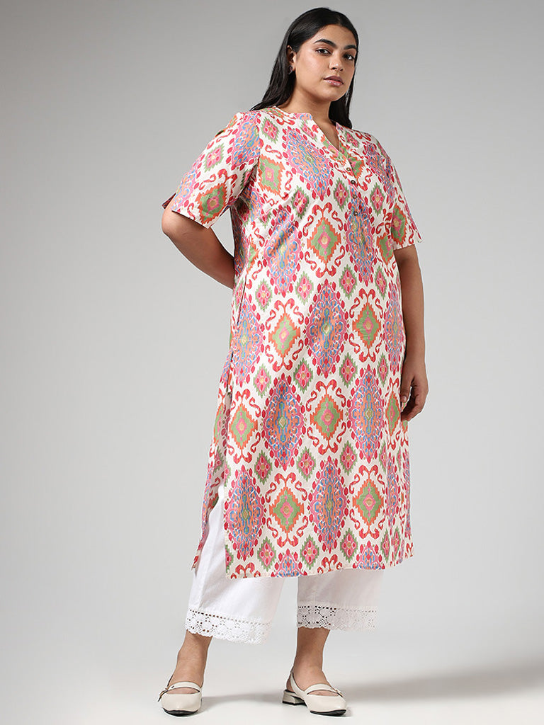 Diza Off White Diamond Ikat Printed Cotton Kurta