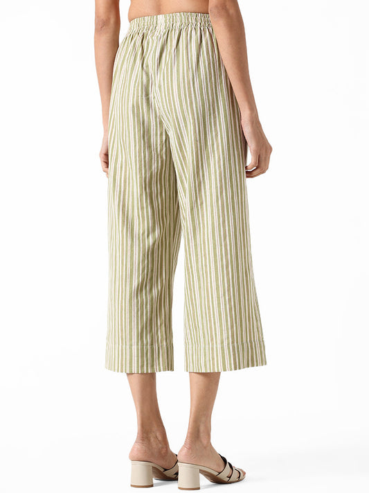 Utsa Green Striped Straight Pants